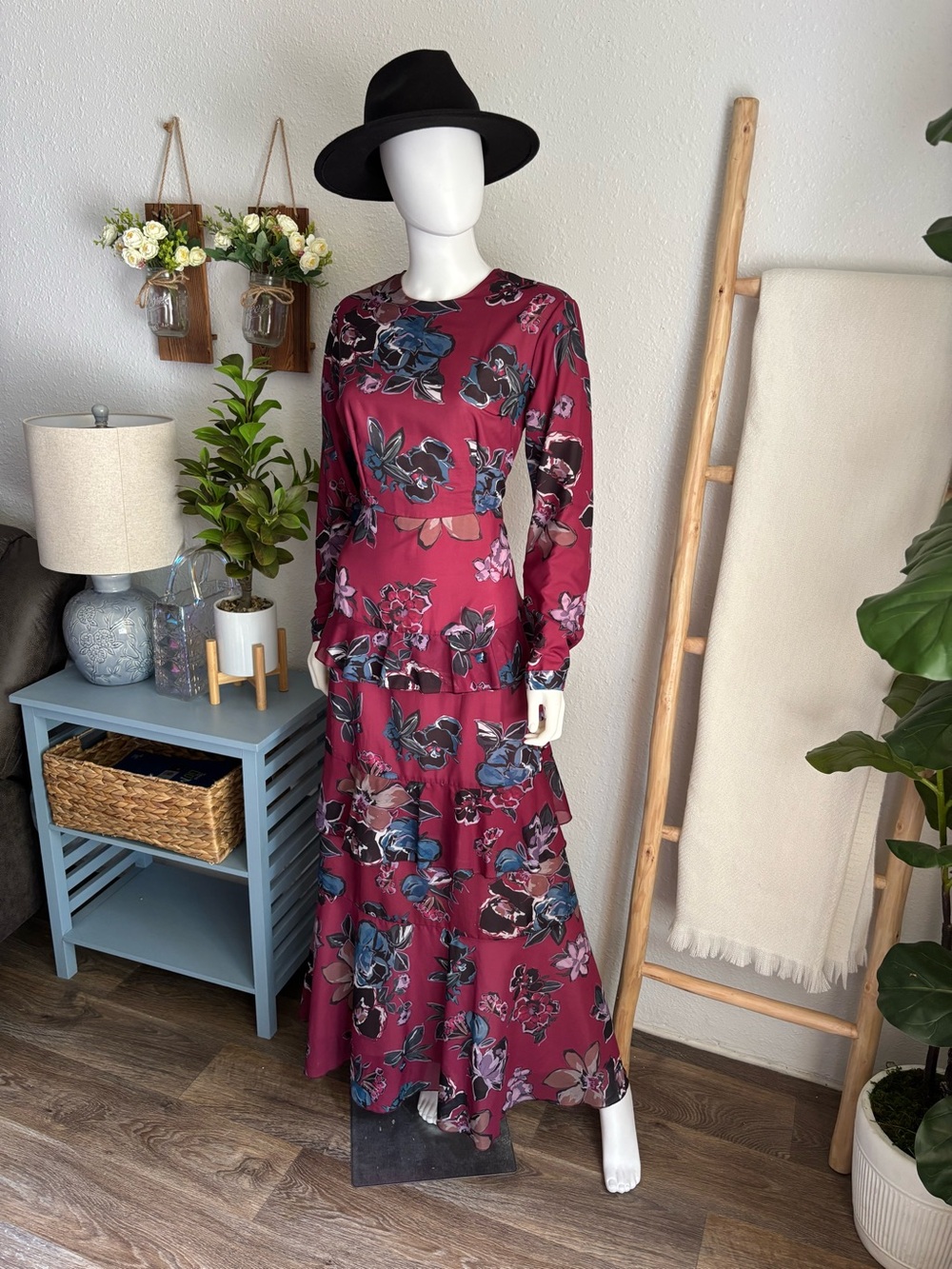 Floral Long-Sleeve Burgundy Maxi Dress - Picture 2 of 6